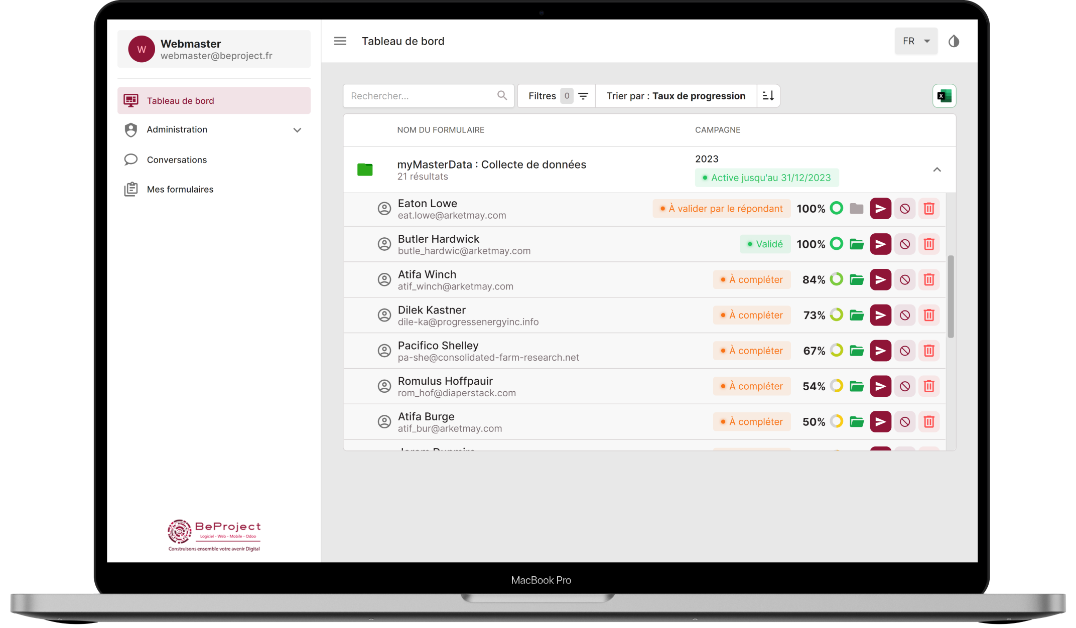 myMasterData - Aperçu des statuts sur le tableau de bord
