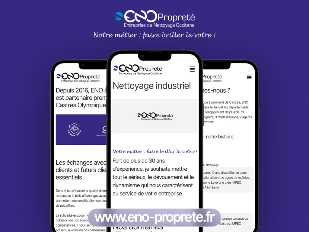 Présentation de différentes pages du nouveau site eno-proprete.fr sur téléphone mobile